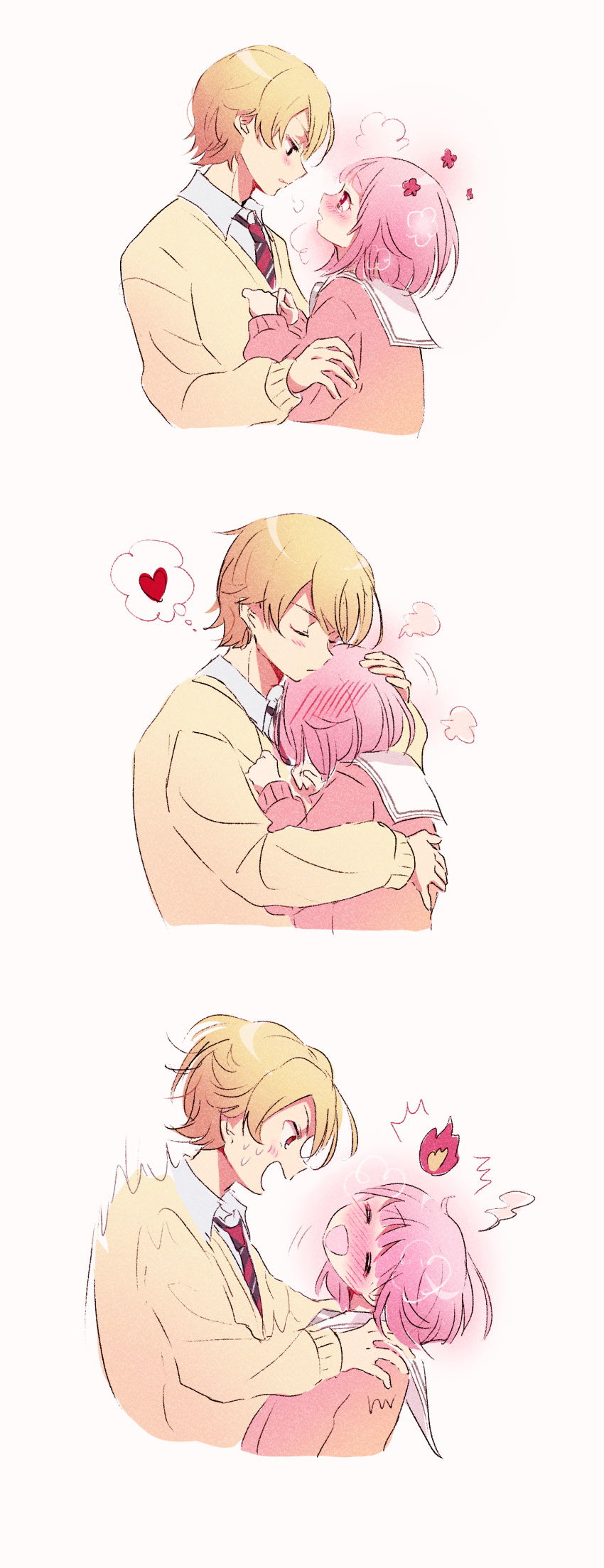 1boy 1girl absurdres blonde_hair blush closed_eyes hand_on_another's_head heart highres hug long_sleeves looking_at_another momomo_(m0_3) necktie ootori_emu open_mouth pink_hair pink_sweater project_sekai sailor_collar school_uniform short_hair simple_background sweater tenma_tsukasa white_sailor_collar yellow_sweater
