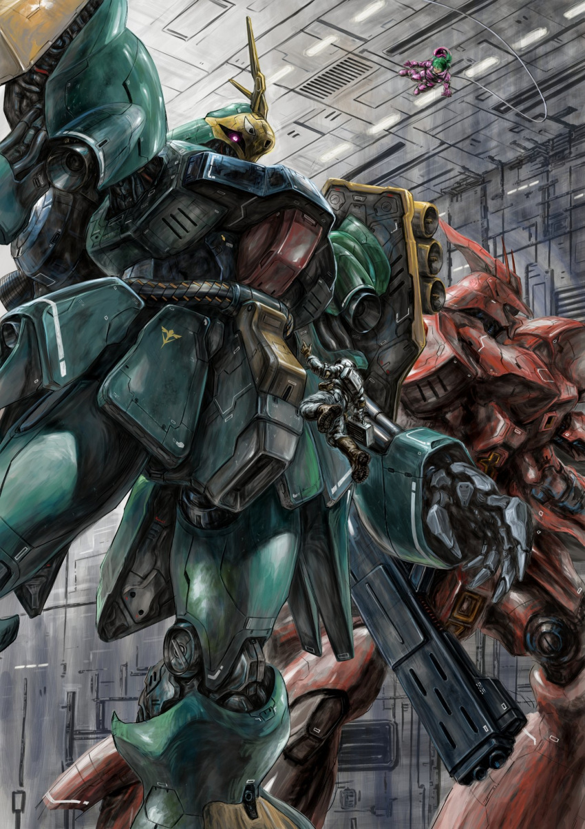 1boy 1girl blue_hair char's_counterattack floating floating_hair gun gundam gyunei_guss helmet highres holding holding_gun holding_weapon jagd_doga_gyunei_custom mecha mobile_suit one-eyed open_hand pink_eyes quess_paraya sazabi twintails weapon zandan_zero_to_na!? zero_gravity