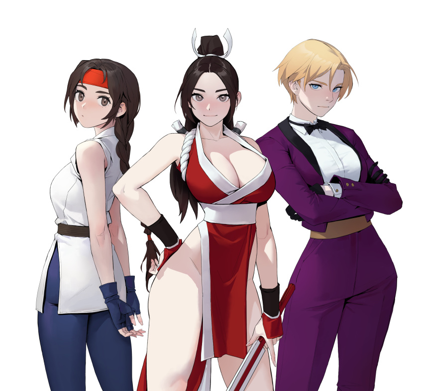 3girls bangs bare_shoulders black_gloves blonde_hair blue_eyes blue_gloves breasts brown_eyes brown_hair closed_fan closed_mouth collarbone commentary crossed_arms dongho_kang dougi fatal_fury fingerless_gloves folding_fan gloves hair_ornament hand_fan hand_on_hip headband highres holding jacket japanese_clothes king_(snk) large_breasts looking_at_viewer looking_back multiple_girls ninja pants pelvic_curtain purple_jacket purple_pants red_headband revealing_clothes rope ryuuko_no_ken shiny shiny_hair shiranui_mai short_hair simple_background sleeveless small_breasts smile spandex the_king_of_fighters thighs tied_hair white_background yuri_sakazaki