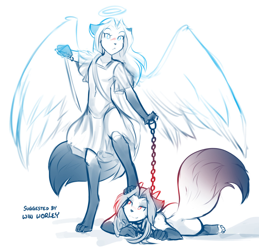2022 angel anthro barefoot blush canid canine chain chain_leash clothed clothing collar collar_only conditional_dnp demon digitigrade dominant dominant_anthro dominant_female dress duo feathered_wings feathers feet female foot_on_head fox gloves_(marking) halo hi_res holding_leash holding_object horn keidran laura_(twokinds) leash leg_markings lying mammal markings monochrome nude on_front sketch smile socks_(marking) square_crossover submissive submissive_anthro submissive_female tom_fischbach twokinds webcomic wings