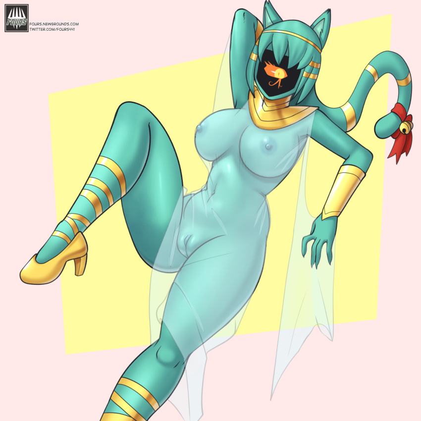 accessory animal_humanoid cat_humanoid clothing domestic_cat felid felid_humanoid feline feline_humanoid felis female fours_(artist) green_body green_skin hair_accessory hair_bow hair_ribbon hand_behind_head hi_res high_heels humanoid jewelry mammal mammal_humanoid monoeye nyanlathotep_(sucker_for_love) ribbons solo sucker_for_love translucent translucent_clothing