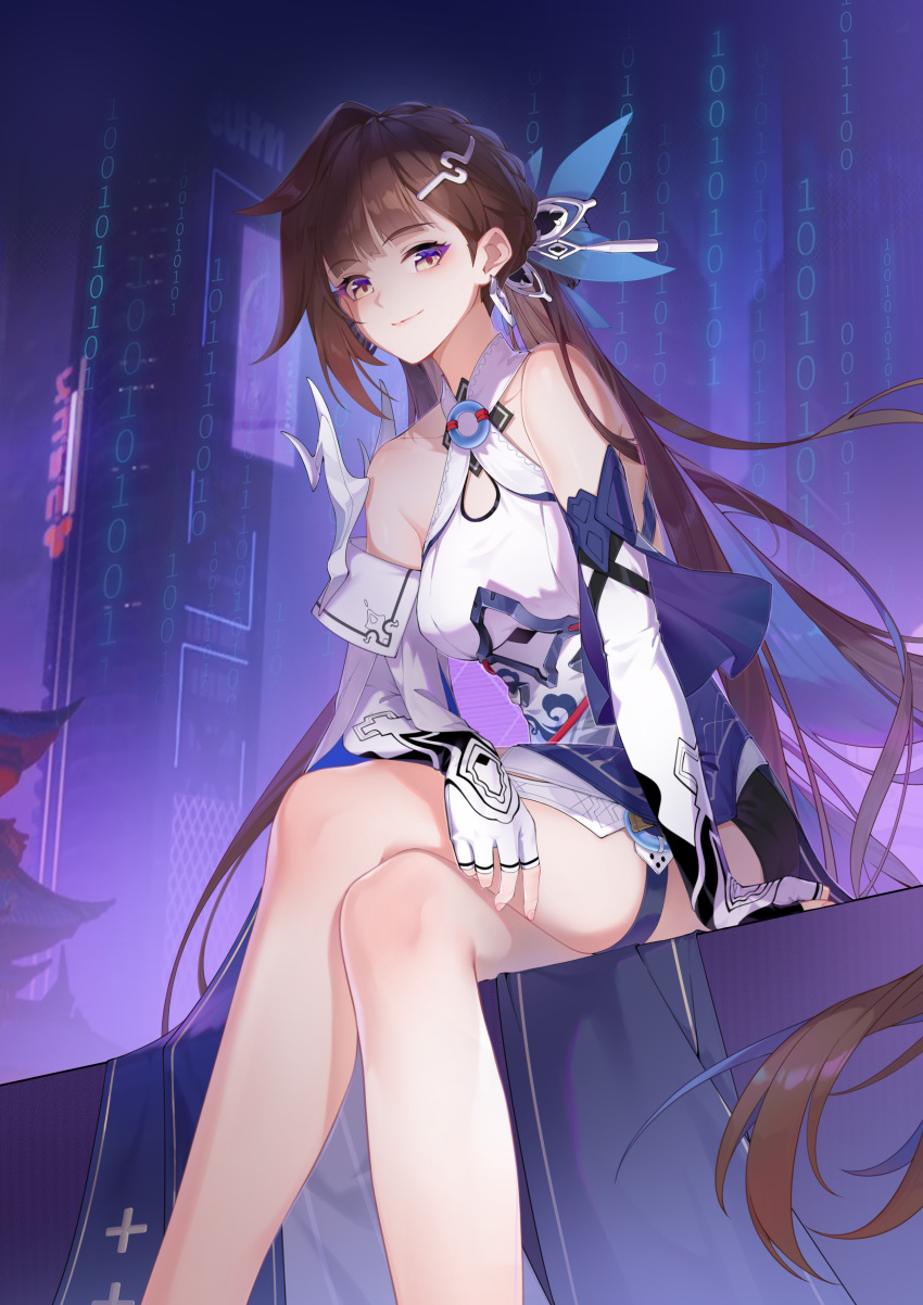 1girl absurdres bangs bare_shoulders brown_eyes brown_hair china_dress chinese_clothes closed_mouth crossed_legs dress elbow_gloves fingerless_gloves gloves hair_ornament highres holographic_interface honkai_(series) honkai_impact_3rd li_sushang li_sushang_(jade_knight) long_hair looking_at_viewer outdoors ponytail sitting smile solo temple vuvkhkgi white_dress white_gloves