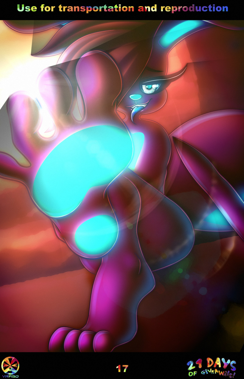 2021 abstract_art absurd_res anthro astra_nimbii_(darkie) close-up feet female foot_closeup foot_fetish foot_focus godrays hi_res lens_flare light light_beam long_tongue looking_at_viewer pawpads paws pink_body presenting sitting solo sunbeam sunlight text tongue tongue_out vrabo