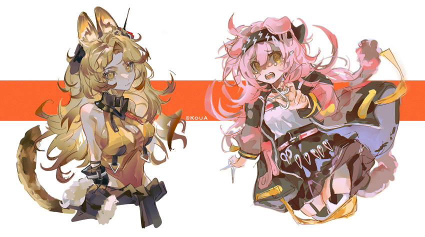 2girls @_@ ahoge alternate_costume animal_ears arknights arms_behind_back artist_name bangs bare_shoulders black_hairband black_skirt breasts buzhidaojiaoshenmekoua cat_ears cat_girl cat_tail cleavage closed_mouth clothes_around_waist covered_navel cropped_legs cropped_torso crying crying_with_eyes_open eyebrows_visible_through_hair garter_straps goldenglow_(arknights) hair_between_eyes hair_down hairband high-waist_skirt highleg highleg_leotard highres holding holding_scissors jacket large_breasts leotard lightning_bolt_print long_hair looking_at_viewer miniskirt multiple_girls open_clothes open_jacket open_mouth orange_leotard pink_jacket quercus_(arknights) scissors shaded_face shirt skirt smile tail tears thighhighs two-tone_background white_legwear white_shirt yellow_eyes zettai_ryouiki