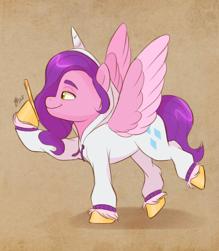 artharuhi clothing cosplay cutie_mark equid equine feathered_wings feathers female feral friendship_is_magic green_eyes hair half-closed_eyes hasbro hi_res hoodie hooves mammal mlp_g5 my_little_pony narrowed_eyes pajamas pegasus phone pink_body pipp_petals_(mlp) purple_hair purple_tail raised_hoof rarity_(mlp) signature smile solo topwear wings