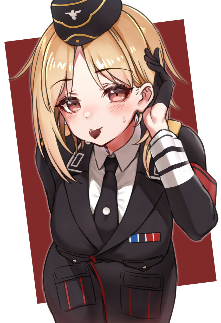 1girl absurdres armband black_gloves black_headwear black_jacket black_necktie blonde_hair candy chocolate collared_shirt eyebrows_visible_through_hair food food_in_mouth garrison_cap girls'_frontline gloves half_gloves hat heart heart-shaped_chocolate highres jacket long_sleeves looking_at_viewer military_jacket mouth_hold mp40_(girls'_frontline) necktie shirt short_hair solo sweat toryu_fufu wehrmacht white_shirt yellow_eyes