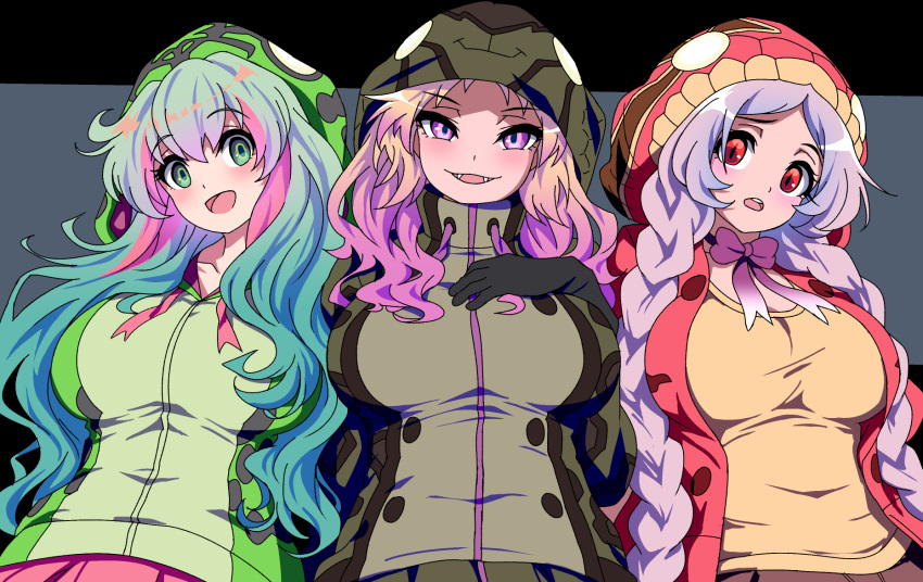 3girls :d african_rock_python_(kemono_friends) amazon_tree_boa_(kemono_friends) animal_print aqua_hair arm_behind_back arms_behind_back bangs blonde_hair boomslang_(kemono_friends) bow bowtie braid breasts choker collarbone drawstring eyebrows_visible_through_hair fangs gloves green_eyes green_hair hand_on_own_chest highres hood hood_up hooded_jacket jacket kemono_friends large_breasts long_hair long_sleeves looking_at_viewer mamiyama multicolored_hair multiple_girls open_clothes open_jacket open_mouth print_jacket purple_eyes purple_hair raised_eyebrow red_eyes red_hair shirt side-by-side skirt slit_pupils smile snake_print twin_braids upper_body very_long_hair