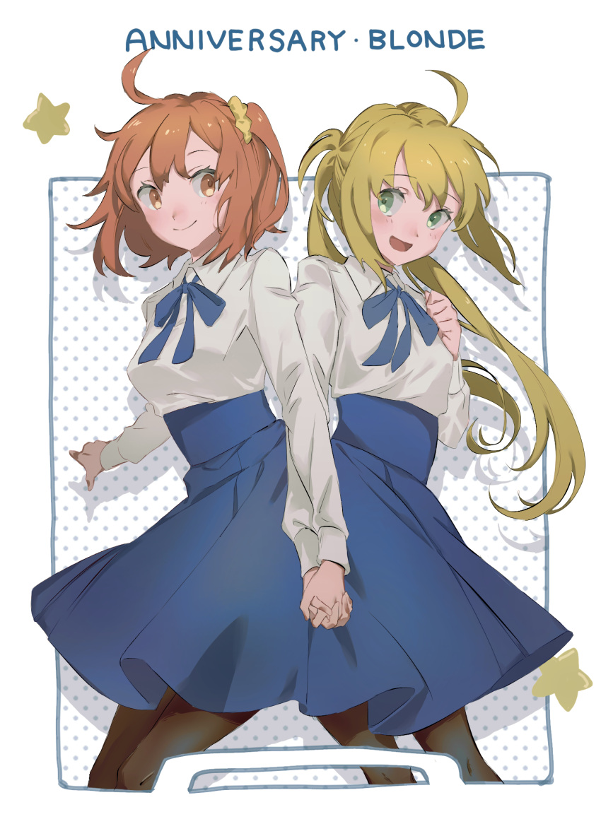 2girls :d ahoge artoria_pendragon_(fate) blonde_hair blue_ribbon blue_skirt blush brown_eyes brown_legwear closed_mouth collared_shirt cosplay eiki_(eikityou_55) fate/grand_order fate_(series) floating_hair fujimaru_ritsuka_(female) green_eyes hair_ornament hair_scrunchie high-waist_skirt highres holding_hands interlocked_fingers long_hair long_sleeves matching_outfit medium_skirt multiple_girls neck_ribbon open_mouth orange_hair pantyhose ribbon saber saber_(cosplay) scrunchie shiny shiny_hair shirt side_ponytail sketch skirt smile standing twintails very_long_hair white_background white_shirt wing_collar yellow_scrunchie