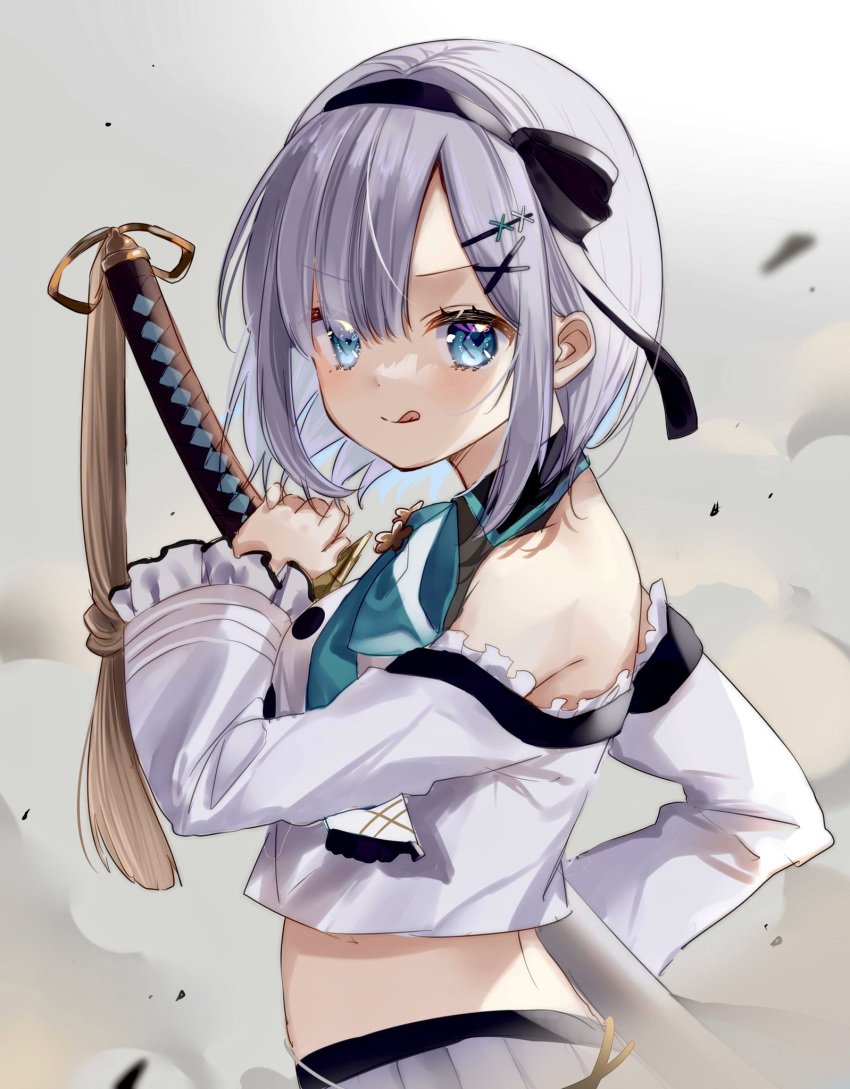 1girl :p blue_eyes blush commentary_request drawing_sword hair_ornament hairclip headband highres holding holding_sword holding_weapon kaga_sumire katana looking_at_viewer lupinus_virtual_games pome_charo short_hair simple_background smoke solo sword tongue tongue_out virtual_youtuber vspo! weapon x_hair_ornament