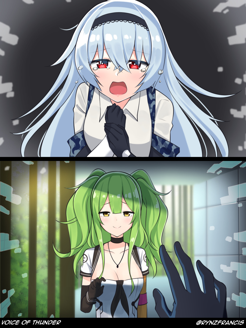 2girls blue_hair breasts camouflage cleavage crying crying_with_eyes_open dj_max dj_max_respect girls'_frontline gloves green_hair hairband highres jewelry m950a_(girls'_frontline) multiple_girls necklace reaching_out rynzfrancis sad_smile tears textless thunder_(girls'_frontline)