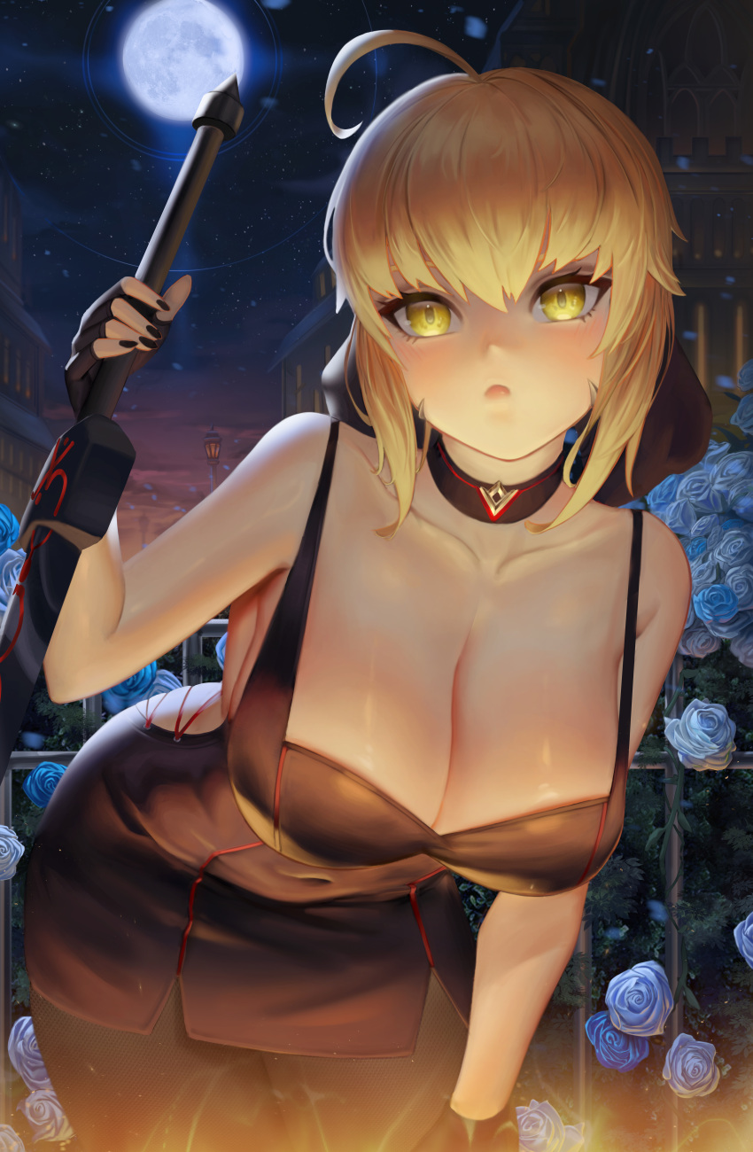 1girl absurdres artoria_pendragon_(fate) backless_outfit bangs bare_shoulders black_dress black_gloves black_ribbon blonde_hair blush bow breasts cathedral choker cleavage dress excalibur_morgan_(fate) fate_(series) fingerless_gloves flower gloves hair_bow hair_ornament highres holding holding_sword holding_weapon large_breasts leaning_forward lips looking_at_viewer moon open_mouth outdoors reallumen ribbon saber_alter short_hair sky solo sword weapon yellow_eyes