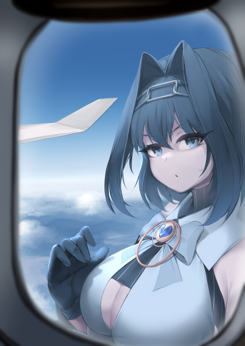 1girl airplane_interior airplane_wing bangs black_gloves blue_eyes blue_hair breasts cleavage cleavage_cutout clothing_cutout cloud giant giantess gloves hair_intakes head_chain highres hololive hololive_english ka941 large_breasts looking_at_viewer ouro_kronii shirt short_hair sky sleeveless sleeveless_shirt solo sweatdrop virtual_youtuber