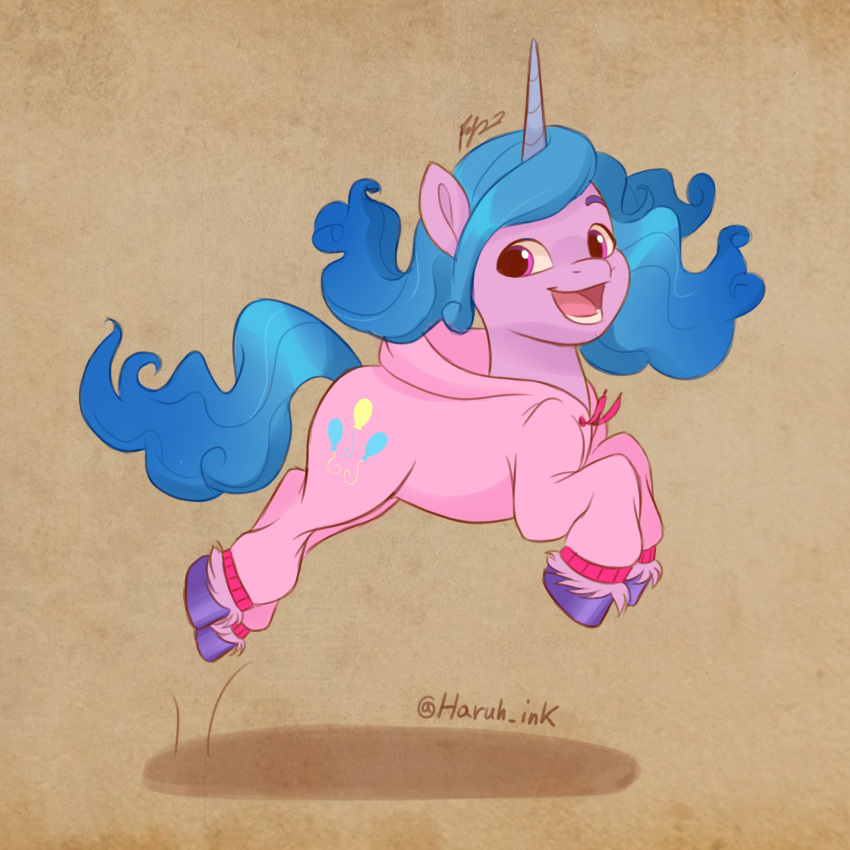 absurd_res artharuhi blue_hair blue_tail clothing cosplay costume cutie_mark equid equine eyebrows female feral friendship_is_magic hair happy hasbro hi_res hoodie hooves horn izzy_moonbow_(mlp) jumping long_hair mammal mlp_g5 my_little_pony open_mouth open_smile pajamas pinkie_pie_(mlp) purple_body purple_eyes purple_hooves signature smile topwear unicorn