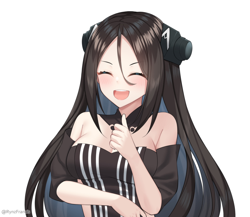 1girl black_hair breasts closed_eyes detached_collar detached_sleeves dreamer_(girls'_frontline) girls'_frontline hair_between_eyes headgear highres large_breasts long_hair rynzfrancis sangvis_ferri solo thumbs_up