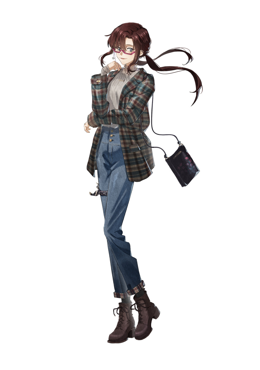 1girl absurdres bag blue_eyes blue_pants brown_footwear brown_hair denim earrings floating_hair full_body glasses grey_sweater handbag highres jacket jewelry long_hair long_sleeves looking_at_viewer makinami_mari_illustrious neon_genesis_evangelion open_clothes open_jacket pants plaid plaid_jacket rebuild_of_evangelion red-framed_eyewear ribbed_sweater semi-rimless_eyewear simple_background smile solo standing sweater twintails under-rim_eyewear white_background yukibanashia