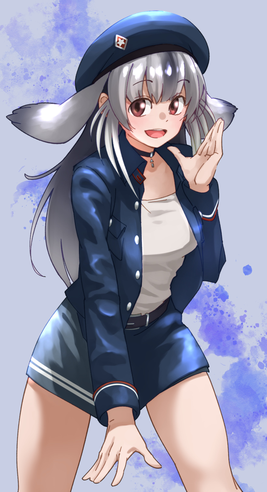 1girl :d alternate_costume animal_ears bangs bearded_seal_(kemono_friends) belt blue_jacket brown_eyes choker eyebrows_visible_through_hair eyes_visible_through_hair grey_hair hat highres jacket kemono_friends long_hair long_sleeves looking_at_viewer multicolored_hair shirt smile solo tanabe_(fueisei) white_shirt