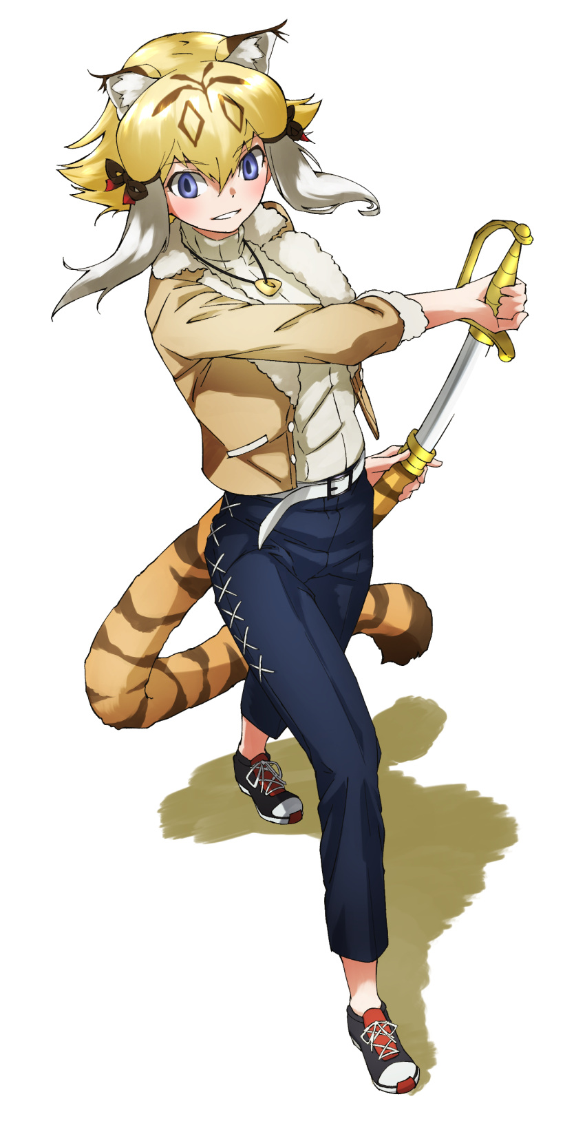 1girl absurdres alternate_costume animal_ears animal_print beige_jacket belt black_footwear blonde_hair blue_eyes blush bomber_jacket bow capri_pants casual denim drawing_sword eyebrows_visible_through_hair full_body fur_trim hair_bow highres holding holding_sword holding_weapon jacket jeans jewelry kemono_friends kemono_friends_3 long_sleeves multicolored_hair necklace official_alternate_costume pants red_bow saber_(weapon) scabbard sheath shoes short_hair sidelocks smilodon_(kemono_friends) sneakers solo sweater sword tail tanabe_(fueisei) tiger_ears tiger_girl tiger_print tiger_tail turtleneck turtleneck_sweater unsheathing weapon white_belt white_fur white_hair white_sweater