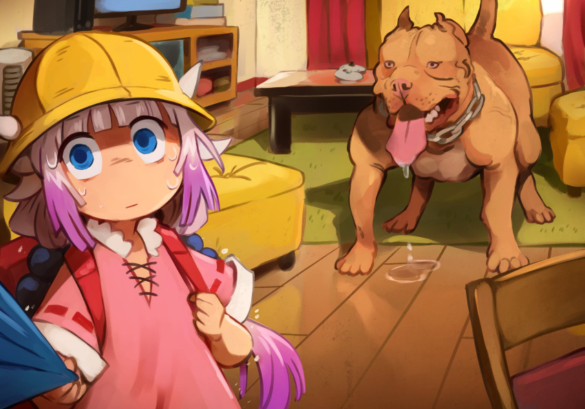 :| backpack bag bangs beads blue_eyes blunt_bangs cabinet carpet chain chair child clenched_hands closed_mouth clothes_pull coffee_table collar commentary controller couch curtains dog dragon_girl dragon_horns dress drooling english_commentary game_controller gradient_hair hair_beads hair_ornament hat highres horns indoors kanna_kamui khyle. kobayashi-san_chi_no_maidragon light_purple_hair long_hair low_twintails multicolored_hair pink_dress pink_hair randoseru scared school_hat shaded_face shirt_pull shirt_tug sweat television twintails