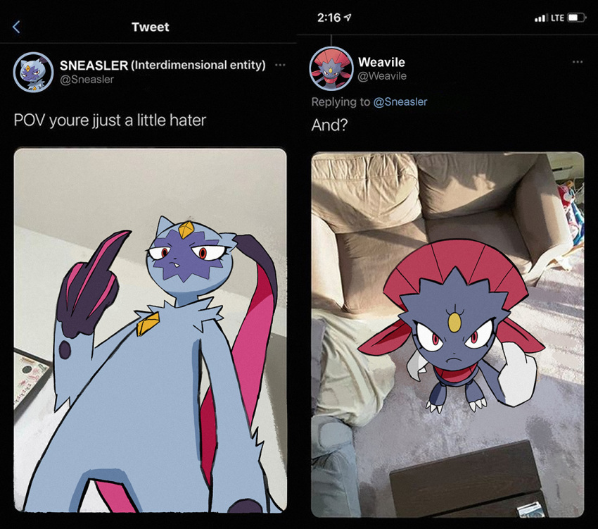 chest_jewel claws do9bessa fang forehead_jewel looking_down looking_up meme middle_finger photo_background pokemon pokemon_(creature) sneasler twitter weavile