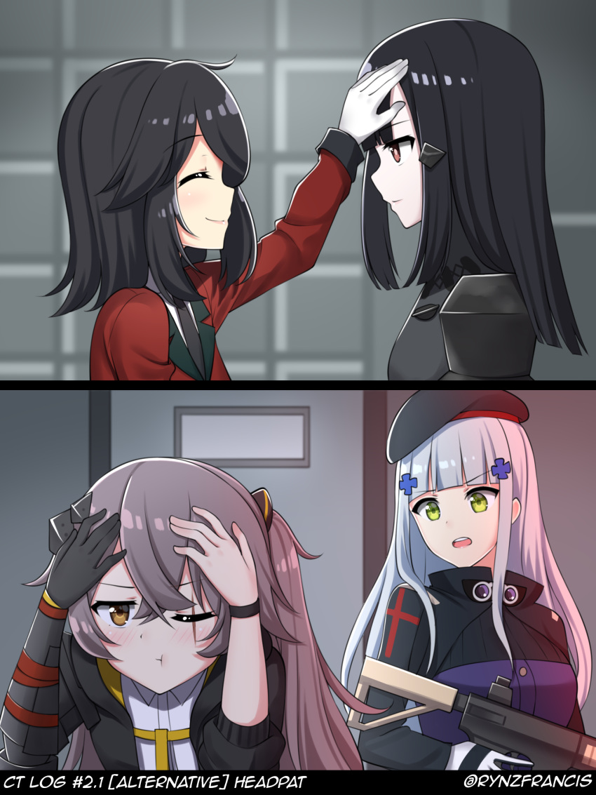 4girls assault_rifle beret black_hair closed_eyes female_commander_(girls'_frontline) girls'_frontline gloves gun h&amp;k_hk416 hacking hat headpat highres hk416_(girls'_frontline) holding holding_gun holding_weapon left-to-right_manga mechanical_arms military military_uniform mod3_(girls'_frontline) multiple_girls nyto_(generic)_(girls'_frontline) nyto_(girls'_frontline) possessed pout rifle rynzfrancis single_mechanical_arm textless ump45_(girls'_frontline) uniform weapon