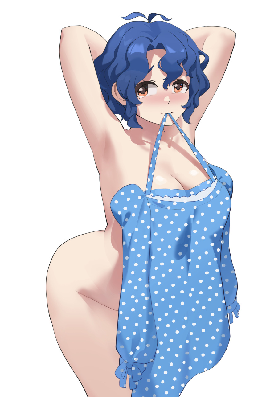 1girl absurdres antenna_hair armpits arms_up blush breasts cleavage completely_nude convenient_censoring cowboy_shot dark_blue_hair dress highres idolmaster idolmaster_million_live! large_breasts leaning_forward looking_at_viewer mouth_hold nude polka_dot polka_dot_dress short_hair simple_background solo tearing_up tears tomid toyokawa_fuuka wavy_hair white_background
