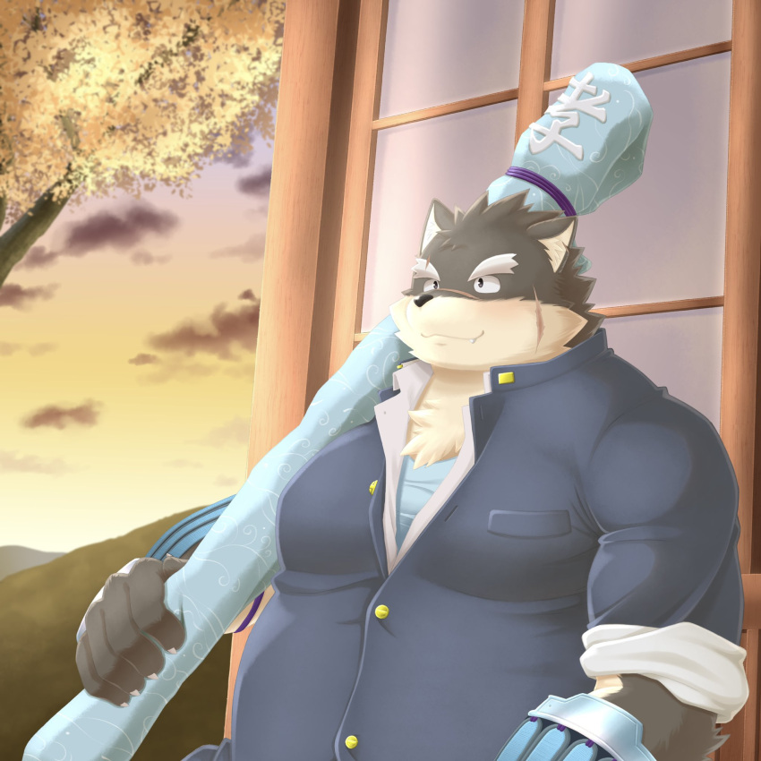 anthro canid canine canis clothing domestic_dog eyebrows hi_res homohomofever katana lifewonders male mammal melee_weapon moritaka overweight scar school_uniform solo sunset sword thick_eyebrows tokyo_afterschool_summoners uniform video_games weapon