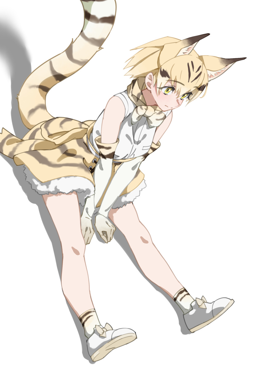1girl absurdres animal_ear_fluff animal_ears bangs blonde_hair bow bowtie cat_ears cat_girl cat_tail elbow_gloves extra_ears eyebrows_visible_through_hair full_body gloves hair_between_eyes high-waist_skirt highres kemono_friends looking_away print_bow print_gloves print_skirt sand_cat_(kemono_friends) sand_cat_print shirt short_hair simple_background sitting skirt solo tail tanabe_(fueisei) white_background white_shirt yellow_eyes