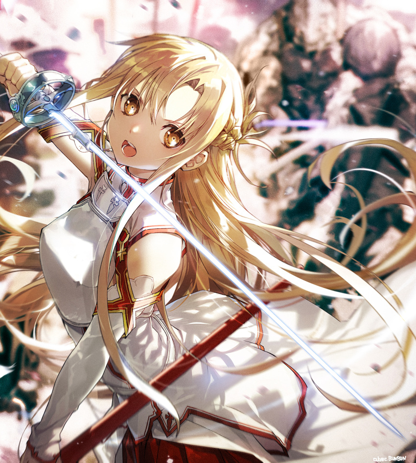 1girl abec arms_up asuna_(sao) bare_shoulders blush brown_eyes brown_hair bunbun dress highres holding holding_sword holding_weapon long_hair looking_at_viewer rapier red_ribbon ribbon sword sword_art_online weapon white_dress