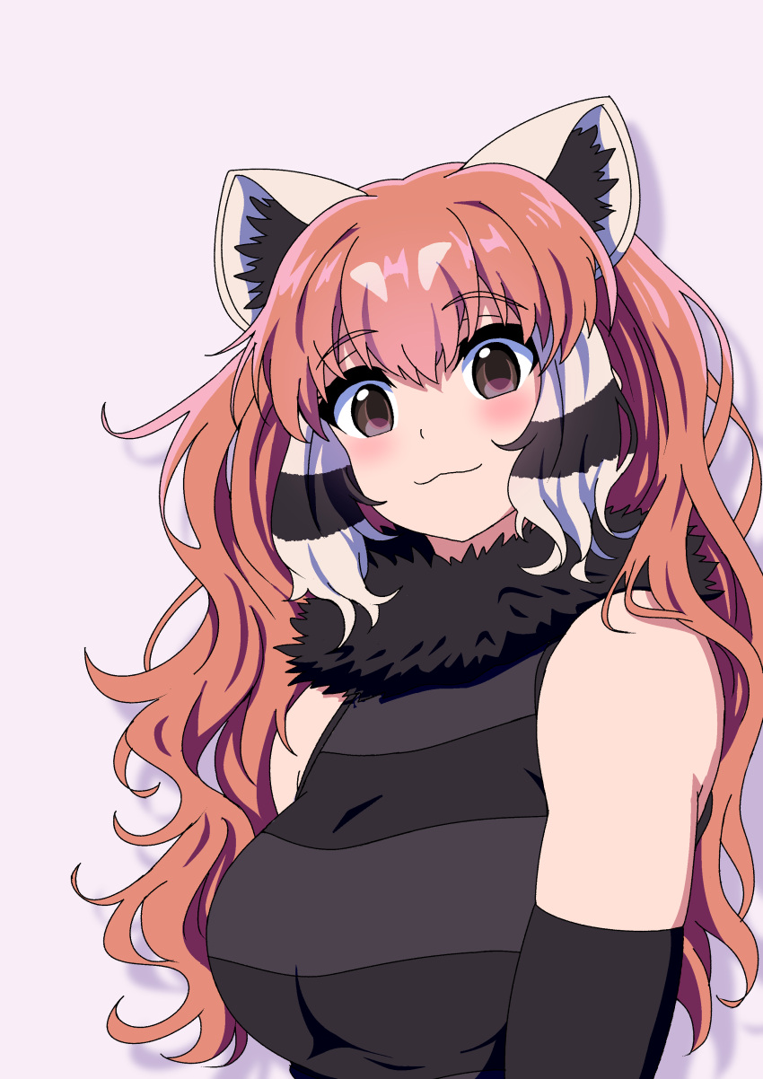 1girl :3 absurdres animal_ears black_eyes black_gloves black_hair black_shirt blush breasts closed_mouth elbow_gloves eyebrows_visible_through_hair gloves highres kemono_friends large_breasts lesser_panda_(kemono_friends) long_hair looking_at_viewer mamiyama multicolored_hair panda_ears panda_girl red_hair shirt sleeveless sleeveless_shirt smile solo striped striped_shirt white_hair