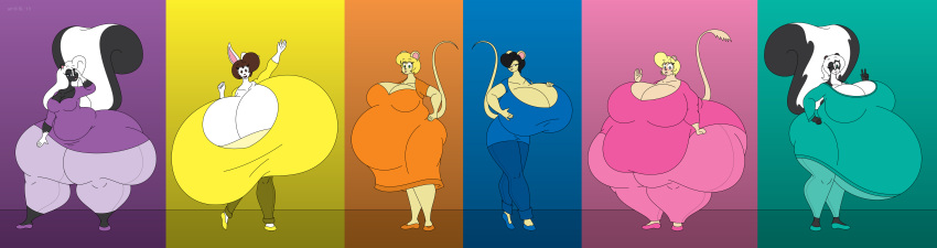 2013 absurd_res anthro bedroom_eyes belly big_belly big_breasts big_butt black_body black_fur black_hair blonde_hair blue_eyes bonnie_(satsumalord) bottomwear breasts brown_eyes brown_hair butt chelsea_(satsumalord) clothing digital_media_(artwork) dress female footwear fur gerbil gina_(satsumalord) group hair hand_on_breast hand_on_hip hi_res huge_breasts huge_butt huge_thighs hyper hyper_belly hyper_breasts hyper_butt hyper_thighs lagomorph leporid mammal mephitid mouse multicolored_body multicolored_fur murid murine narrowed_eyes obese overweight pants pregnant pregnant_female rabbit rodent sandy_(satsumalord) satsumalord seductive shirt shoes skunk stacy_(satsumalord) tanya_(satsumalord) thick_thighs topwear two_tone_body two_tone_fur waving_at_viewer white_body white_fur white_hair wide_hips