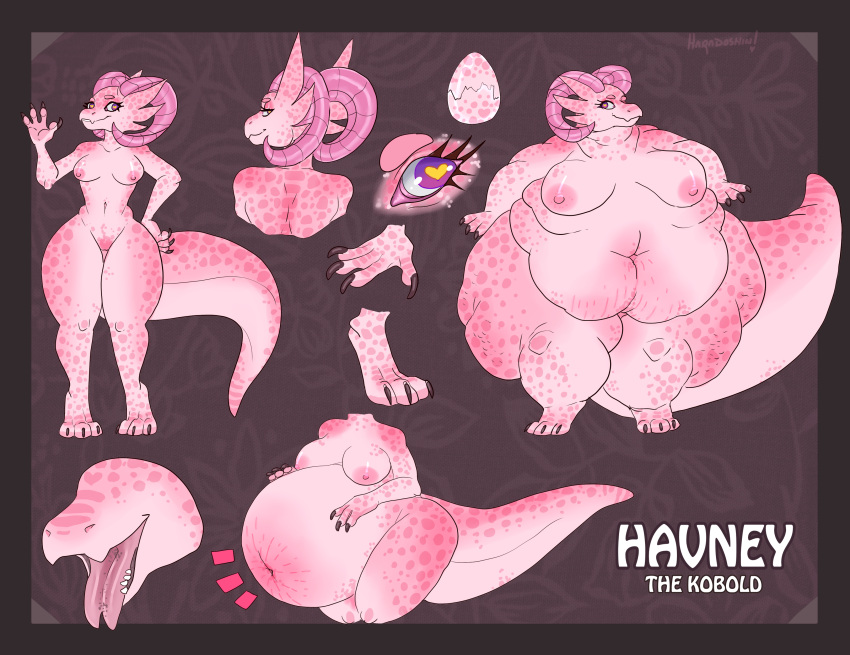 &lt;3 &lt;3_eyes absurd_res big_breasts bovid_horn breasts caprine_horn cellulite egg female forked_tongue haradoshin havney hi_res horn kobold looking_at_viewer looking_back model_sheet obese obese_female overweight overweight_female pink_body pregnant ram_horn solo stretch_marks thick_tail tongue