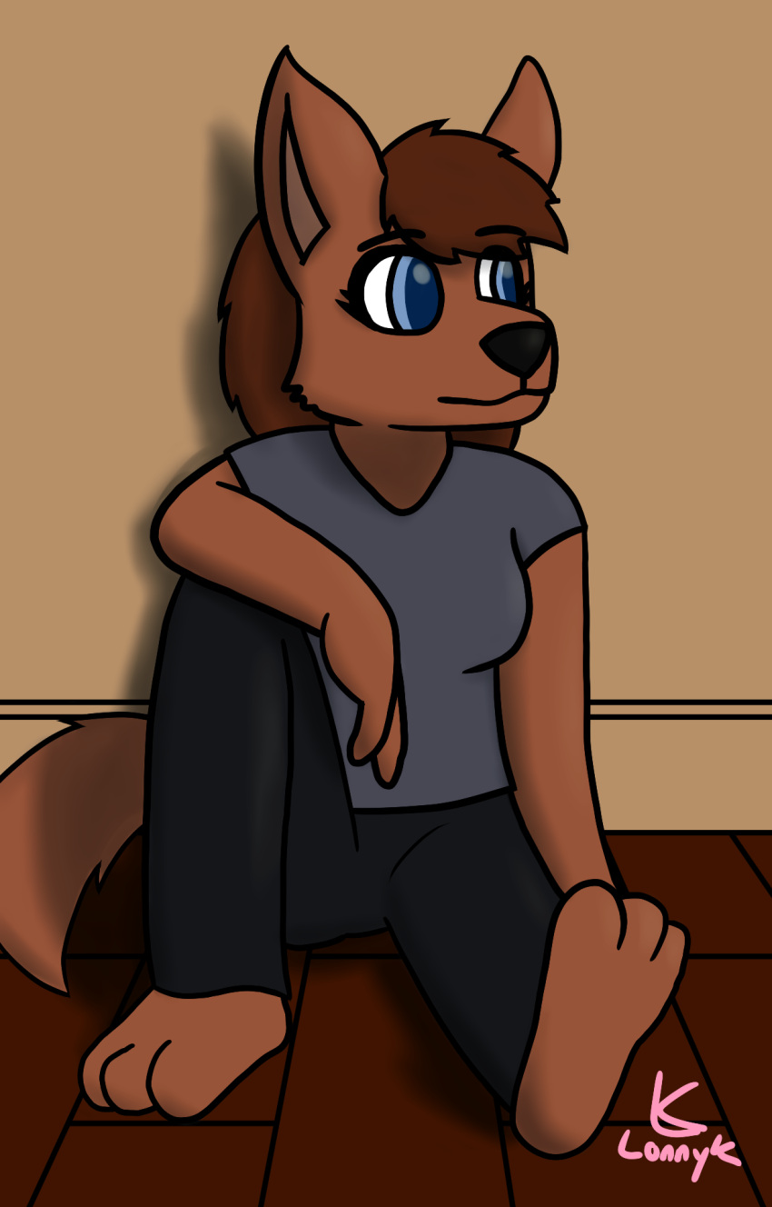 anthro arm_on_knee canid canine clothed clothing female fully_clothed hi_res leggings legwear lonnyk mammal shirt sitting solo topwear unknown_species v_neck_shirt