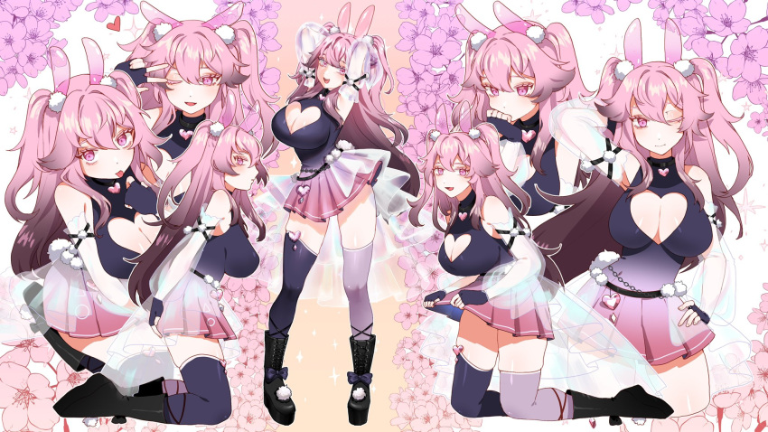 1girl animal_ears asymmetrical_legwear breasts character_sheet da3iann fake_animal_ears highres indie_virtual_youtuber large_breasts monster_girl one_eye_closed pale_skin pink_eyes pink_hair pluto_(vtuber) rabbit_ears revealing_clothes skirt slime_girl tongue tongue_out v virtual_youtuber