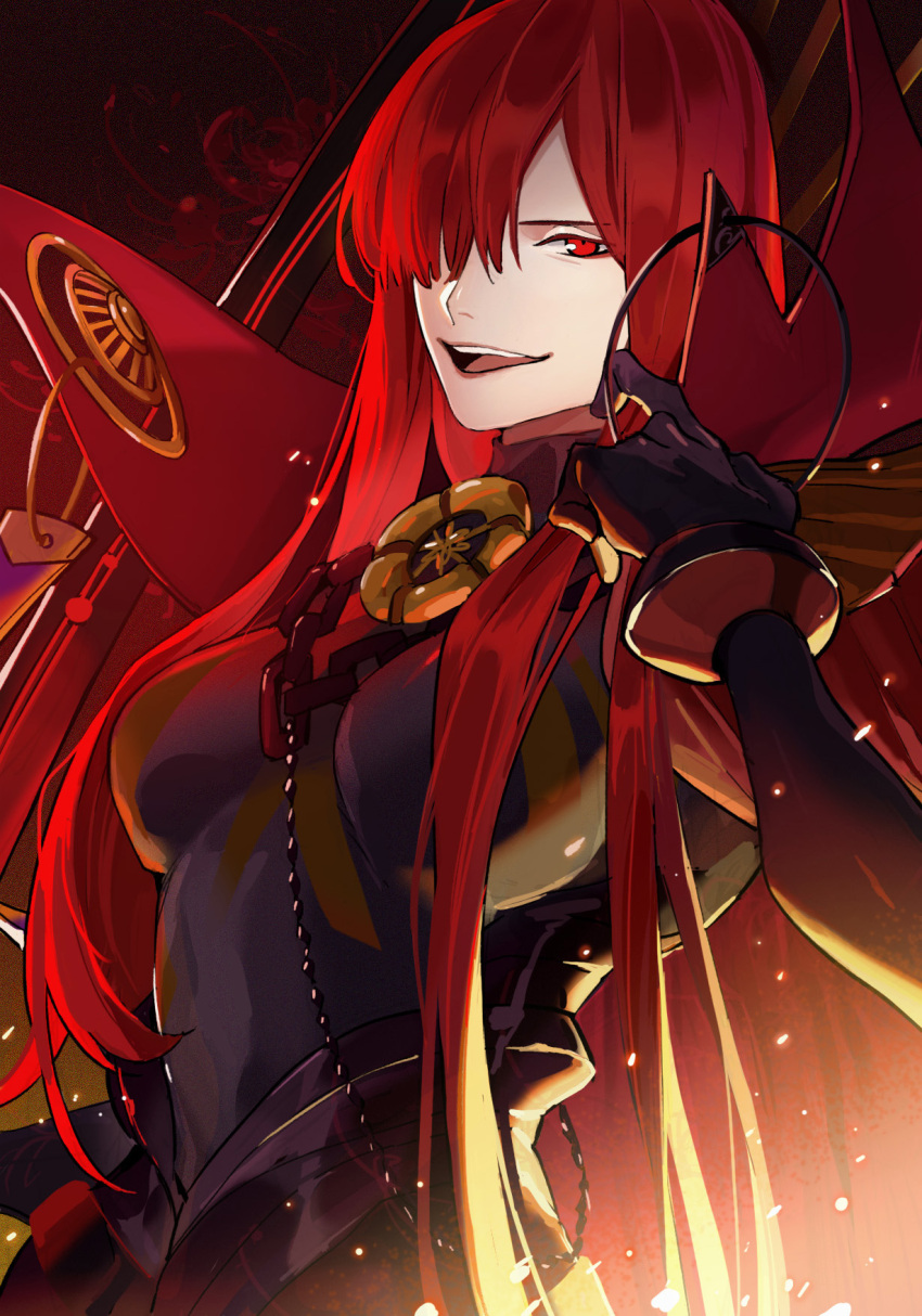 1girl armored_boots bangs black_bodysuit bodysuit boots breasts cape chain collared_cape family_crest fate/grand_order fate_(series) gloves hair_over_one_eye highres kuzen light_particles long_hair looking_at_viewer medallion oda_nobunaga_(fate) oda_nobunaga_(maou_avenger)_(fate) oda_uri open_mouth popped_collar red_cape red_eyes red_hair smile solo type-moon