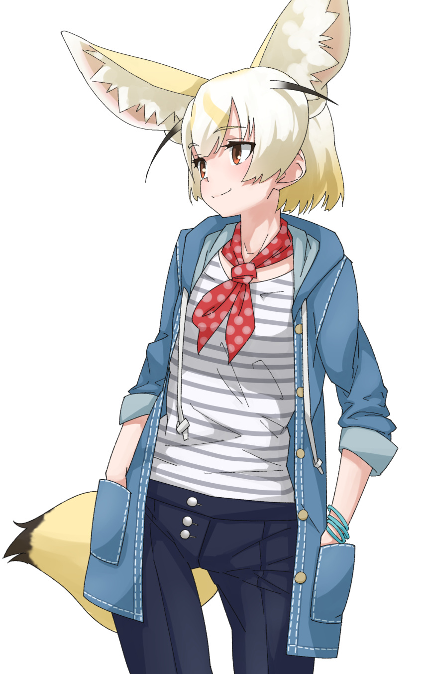 1girl absurdres animal_ear_fluff animal_ears bangs black_hair blonde_hair brown_eyes buttons casual closed_mouth contemporary cowboy_shot drawstring extra_ears eyebrows_visible_through_hair fennec_(kemono_friends) fox_ears fox_girl fox_tail hands_in_pockets highres hood hood_down hooded_jacket horizontal_stripes jacket kemono_friends looking_away looking_to_the_side medium_hair multicolored_hair open_clothes open_jacket pants parted_bangs pocket shirt simple_background smile solo striped striped_shirt t-shirt tail tanabe_(fueisei) unbuttoned white_background