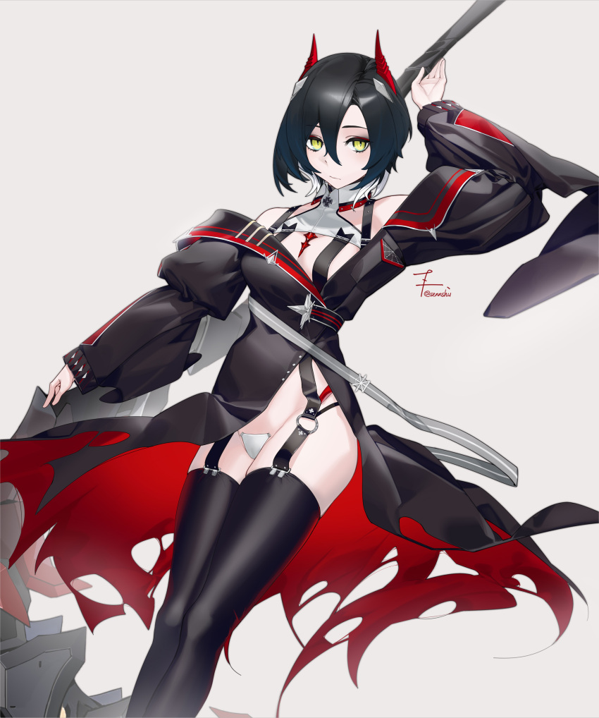 1girl absurdres arm_up asymmetrical_clothes asymmetrical_coat azur_lane bare_shoulders black_footwear black_hair boots breasts brown_coat cleavage coat cross feet_out_of_frame hair_between_eyes highres horns iron_cross light_brown_background looking_at_viewer mechanical_horns multicolored_hair panties polearm red_coat red_horns senshu signature simple_background small_breasts solo streaked_hair thigh_boots thighhighs two-tone_coat two-tone_hair ulrich_von_hutten_(azur_lane) underwear weapon weapon_behind_back white_hair white_panties yellow_eyes