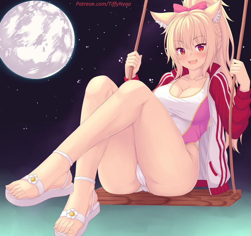 1girl animal_ear_fluff animal_ears ass bangs blonde_hair blush bow breasts cat_ears cat_tail eyebrows_visible_through_hair feet hair_bow highres jacket jacket_over_swimsuit large_breasts long_hair looking_at_viewer nottytiffy one-piece_swimsuit original patreon_username red_eyes sandals self-portrait slit_pupils smile solo swimsuit tail thighhighs thighs tiffy_(nottytiffy) toes watermark web_address