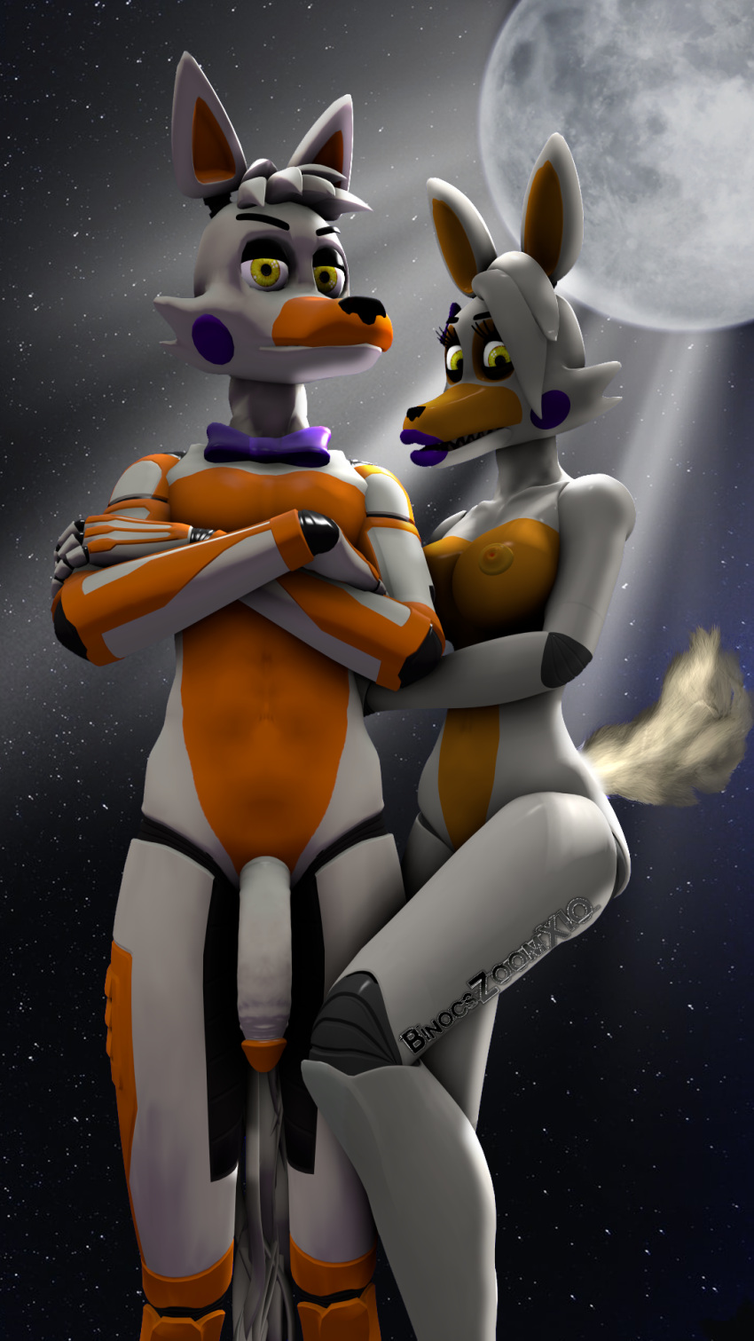3d_(artwork) 9:16 animatronic anthro big_breasts binocszoomx10 breasts canid canine crossed_arms digital_media_(artwork) duo fan_character female fingers five_nights_at_freddy's five_nights_at_freddy's_world fox genitals hair hi_res light lolbit_(fnaf) looking_at_viewer machine male male/female mammal moon moonlight nipples nude orange_body penis photoshop robot scottgames source_filmmaker video_games