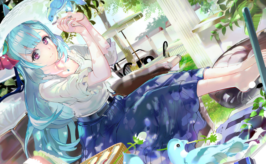 119 1girl aqua_hair bangs bare_legs bird blue_skirt chair column commentary_request dappled_sunlight food grass hands_up hat highres legs_up long_hair looking_at_viewer mejiro_ardan_(umamusume) outdoors parasol picnic_basket pillar pink_eyes sandwich shirt short_sleeves skirt solo sun_hat sunlight table umamusume umbrella white_headwear white_shirt