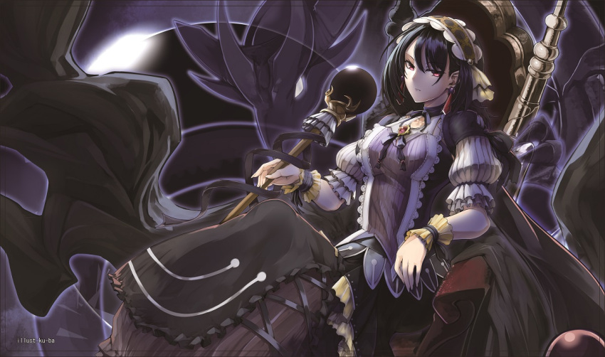 1girl bangs black_hair black_ribbon bonnet breasts dragon dress duel_monster earrings feet_out_of_frame frilled_dress frilled_sleeves frills holding holding_staff jewelry ku-ba medium_hair neck_ribbon puffy_short_sleeves puffy_sleeves red_eyes ribbon short_sleeves sitting solo staff throne underworld_goddess_of_the_closed_world wrist_cuffs yu-gi-oh!