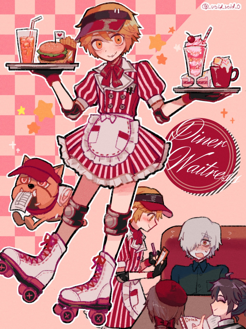 4boys ahoge andrew_kreiss apron artist_name beret black_gloves black_shirt blonde_hair blush boots bow brown_hair burger buttons cake cake_slice casual cherry closed_eyes collared_shirt cross-laced_footwear crossdressing cup diner dog drinking_glass edgar_valden elbow_pads english_text eyebrows_visible_through_hair flying_sweatdrops food french_fries frilled_apron frilled_skirt frills fruit gloves hair_between_eyes hair_bow hair_over_one_eye hat heart highres holding identity_v knee_pads lace-up_boots luca_balsa male_focus menu mini_flag mouth_hold mug multiple_boys neck_ribbon notepad open_mouth orange_eyes parfait puffy_short_sleeves puffy_sleeves red_neckwear ribbon roller_skates shirt short_hair short_sleeves skates skirt skirt_set smile solo_focus star_(symbol) stitched_mouth stitches striped sweat tendenbarabara tray twitter_username vertical_stripes victor_grantz visor waist_apron waitress white_footwear white_hair wick_(identity_v) x-shaped_pupils