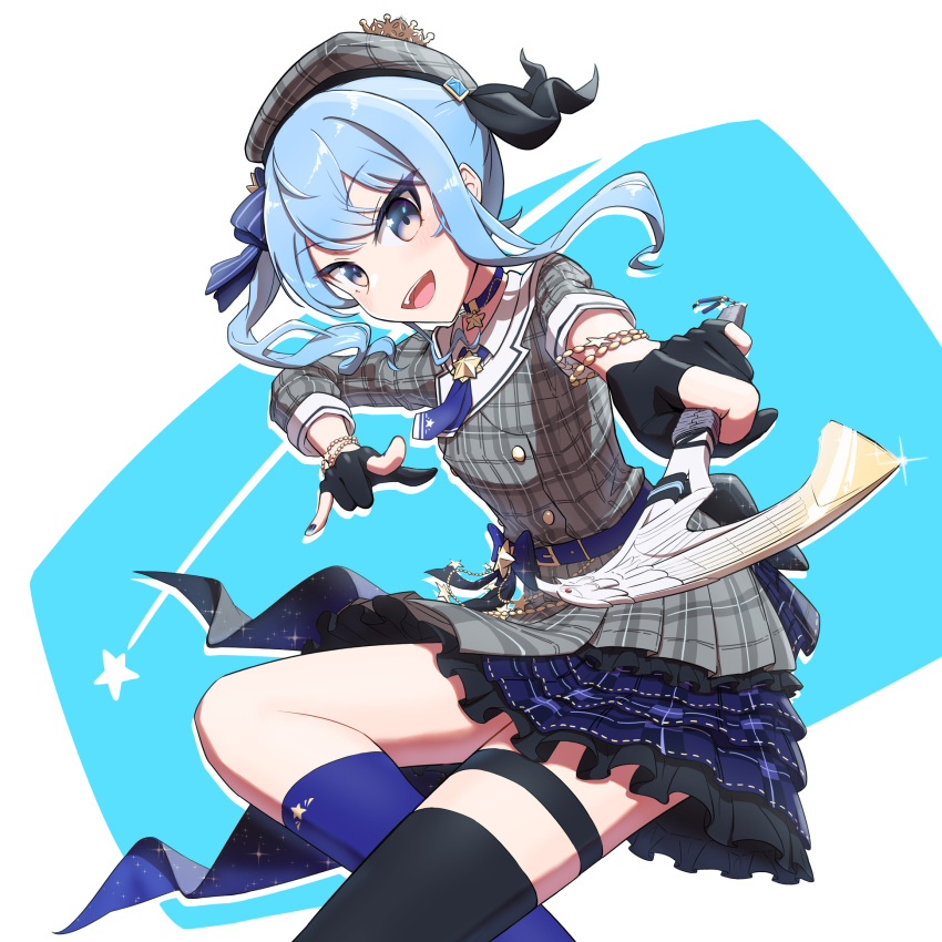 1girl \m/ apex_legends axe beret black_gloves blue_bow blue_eyes blue_hair bow dress eyebrows_visible_through_hair flat_chest gloves grey_dress grey_headwear hair_behind_ear hair_bow hat head_tilt highres holding holding_axe hololive hoshimachi_suisei open_mouth partially_fingerless_gloves plaid plaid_dress plaid_headwear raven's_bite single_thighhigh smile solo thigh_strap thighhighs virtual_youtuber xi_pu