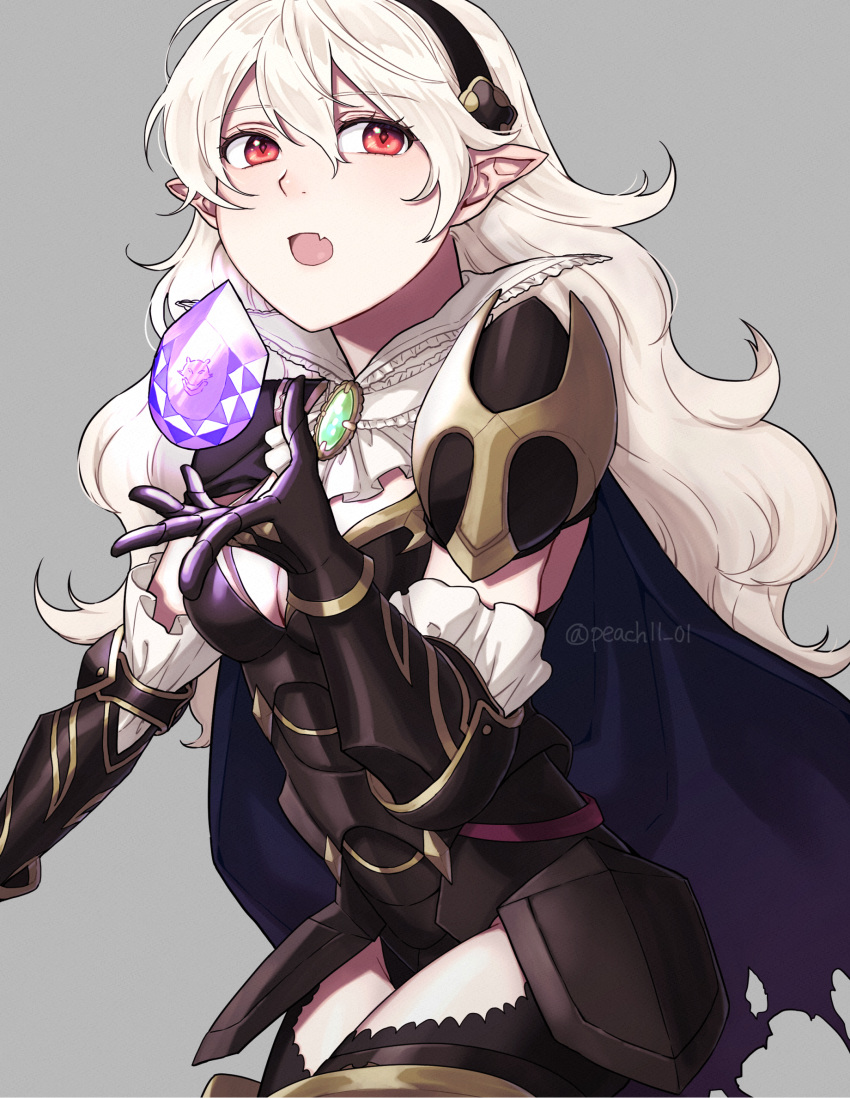 1girl alternate_costume armor black_gloves black_legwear black_panties breasts brooch cleavage corrin_(fire_emblem) corrin_(fire_emblem)_(female) dragonstone elbow_gloves fang fire_emblem fire_emblem_fates fire_emblem_heroes gloves highres hip_armor jewelry official_alternate_costume panties peach11_01 pointy_ears red_eyes shoulder_armor thighs underwear white_hair