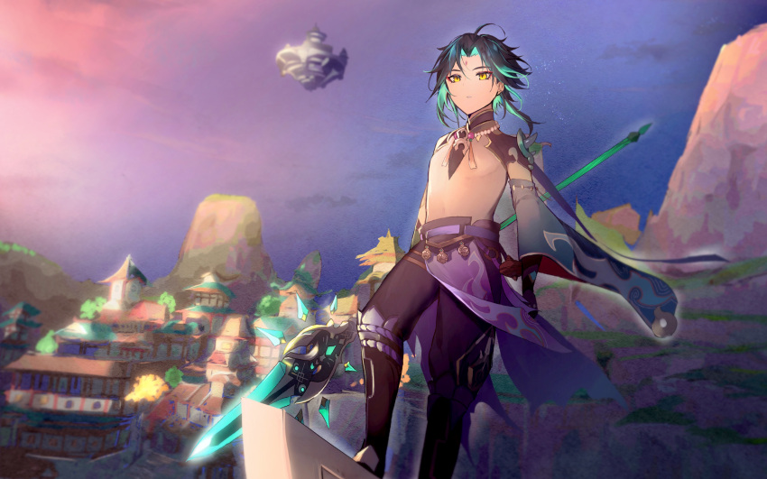 1boy absurdres ahoge azna bangs bead_necklace beads black_gloves black_hair building evening facial_mark forehead_mark genshin_impact gloves green_hair highres holding holding_polearm holding_weapon jade_chamber_(genshin_impact) jewelry male_focus mountain multicolored_hair necklace outdoors parted_lips polearm sky solo spear standing tassel weapon xiao_(genshin_impact) yellow_eyes