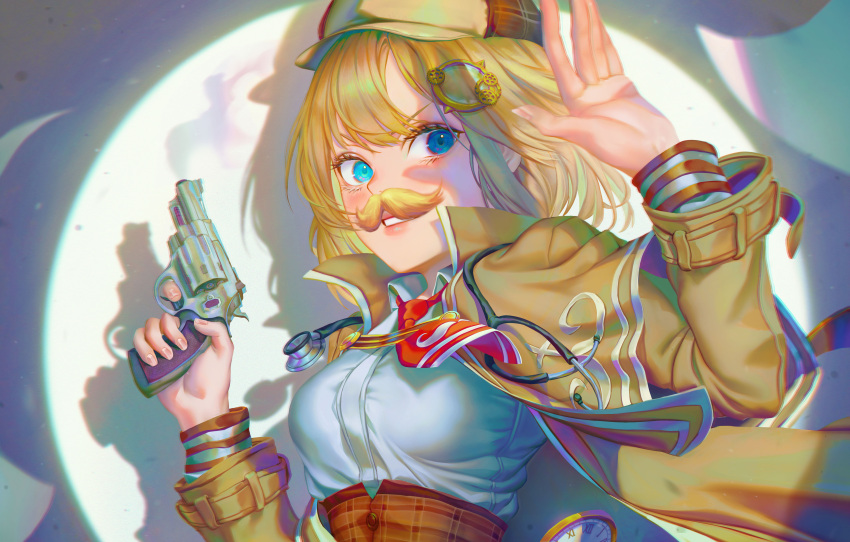 1girl absurdres artofkuzu bangs blonde_hair blue_eyes breasts brown_capelet brown_headwear brown_jacket capelet collared_shirt commentary fake_facial_hair fake_mustache gun hair_ornament handgun hat high-waist_skirt highres holding holding_gun holding_weapon hololive hololive_english jacket medium_breasts monocle_hair_ornament necktie open_clothes open_jacket parted_lips red_necktie revolver shirt short_hair sideways_glance skirt solo stethoscope upper_body virtual_youtuber watson_amelia weapon white_shirt