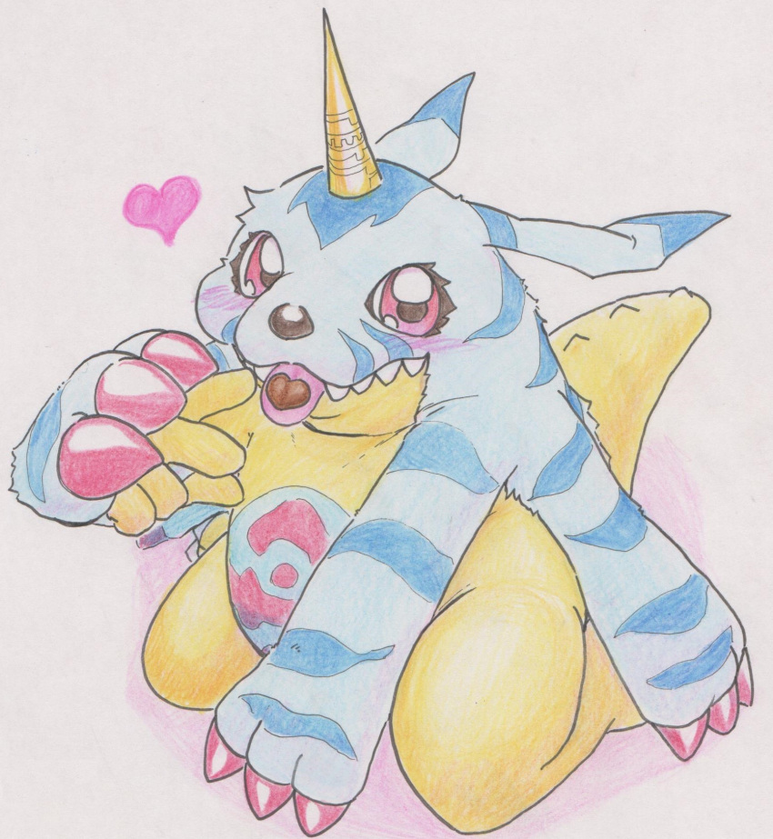 &lt;3 animal_skin anthro bandai_namco belly blush candy chocolate chocolate_on_tongue dessert digimon digimon_(species) food gabumon hi_res holidays horn male red_eyes slightly_chubby solo tabasukotrr traditional_media_(artwork) valentine's_day