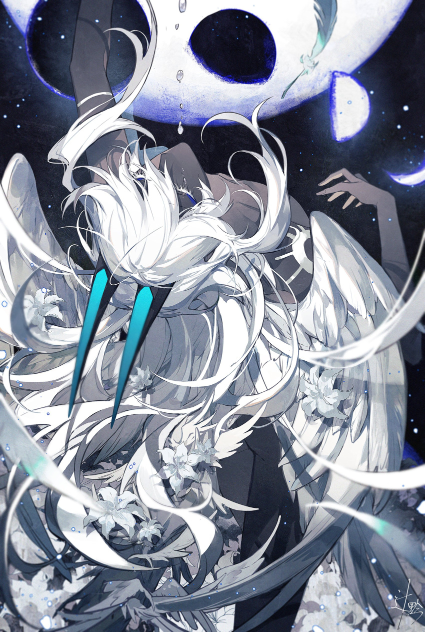 1boy a absurdres angel_wings arjuna_(fate) arjuna_alter_(fate) bangs bare_shoulders behind_back closed_eyes crying dark-skinned_male dark_skin eyelashes fate/grand_order fate_(series) feathered_wings feathers feet_out_of_frame flower hair_between_eyes highres horns leaning_back lily_(flower) long_hair long_horns male_focus moon solo sqloveraven tears type-moon white_hair white_wings wings