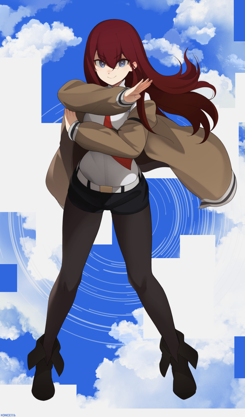 1girl absurdres bangs belt black_footwear black_legwear black_shorts blue_eyes boots closed_mouth cloud cloudy_sky commentary commission commissioner_upload dress_shirt eyebrows_visible_through_hair full_body highres jacket labcoat legwear_under_shorts long_hair long_sleeves looking_at_viewer makise_kurisu necktie non-web_source once_11h open_clothes open_jacket pantyhose red_hair red_necktie shirt shorts signature sky smile solo standing steins;gate white_shirt