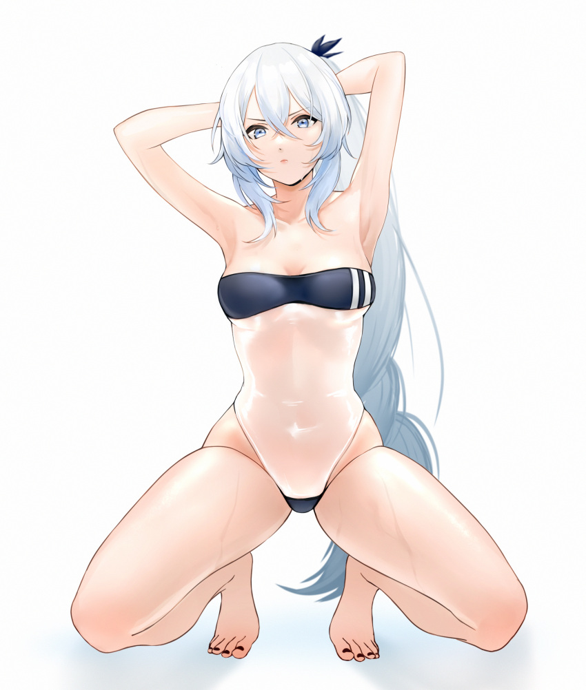 1girl absurdres armpits arms_behind_head bangs bare_legs bare_shoulders barefoot black_nails breasts cl_(summer_sama) closed_mouth collarbone commission eris_(atelier951) eyebrows_visible_through_hair feet full_body gris_swimsuit highres legs light_blue_eyes light_blue_hair long_hair looking_at_viewer meme_attire nail_polish original parted_lips pixiv_request ponytail small_breasts solo thighs toenail_polish toenails toes very_long_hair white_background