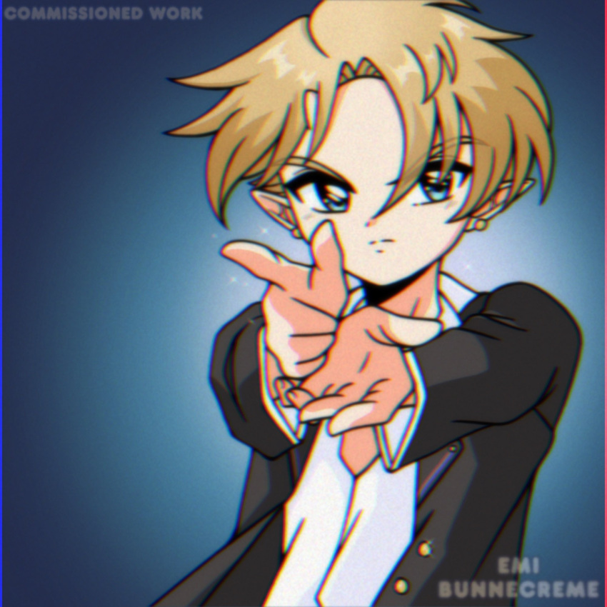 1990s_(style) 1boy blonde_hair blue_eyes calicocarrot earrings finger_gun highres jewelry looking_ahead pale_skin pointy_ears retro_artstyle sol_(vtuber) stud_earrings vdonburi virtual_youtuber